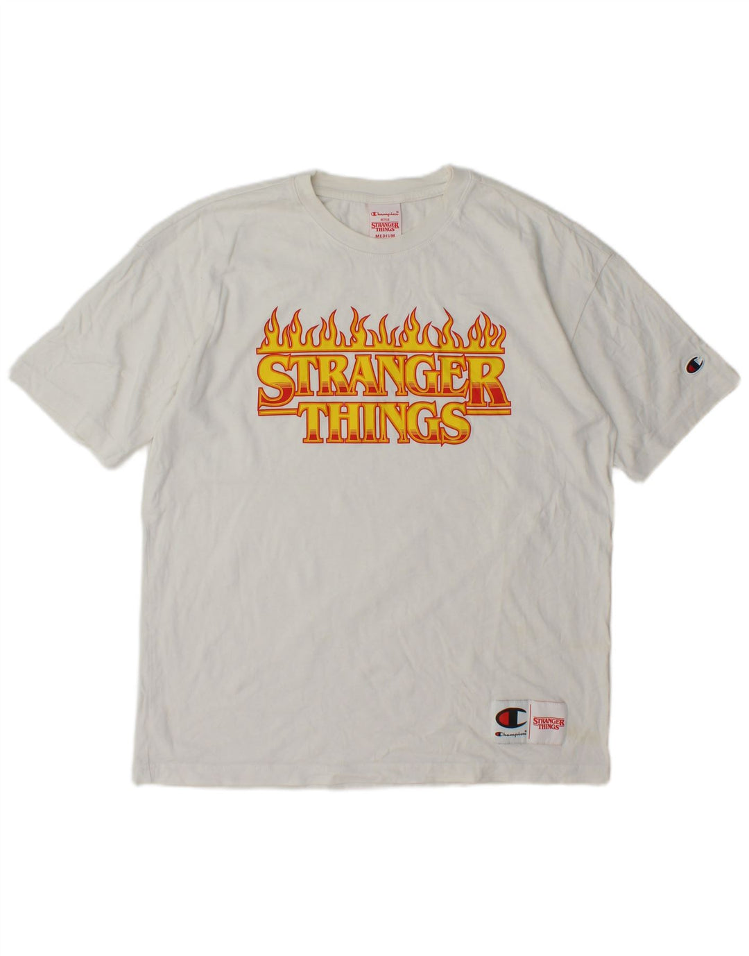 Champion Herre Stranger Things Grafisk T-Shirt Top Medium Hvid