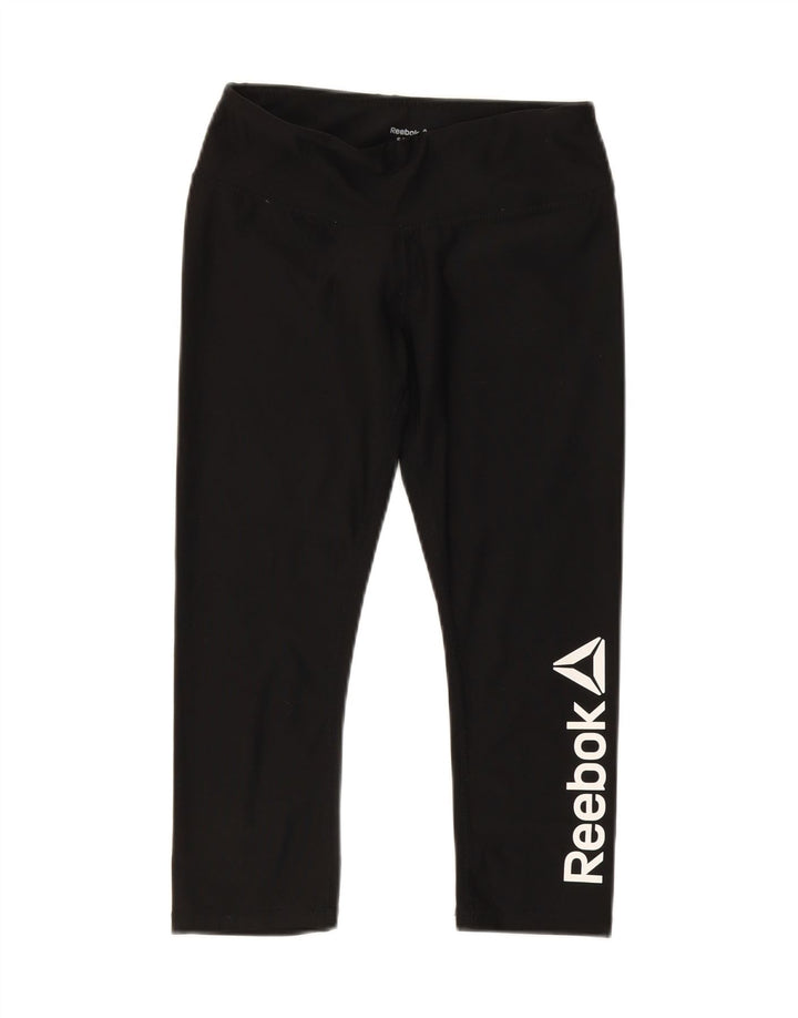 REEBOK Womens Graphic Capri Leggings UK 10 Small  Black Vintage Reebok and Second-Hand Reebok from Messina Hembry 