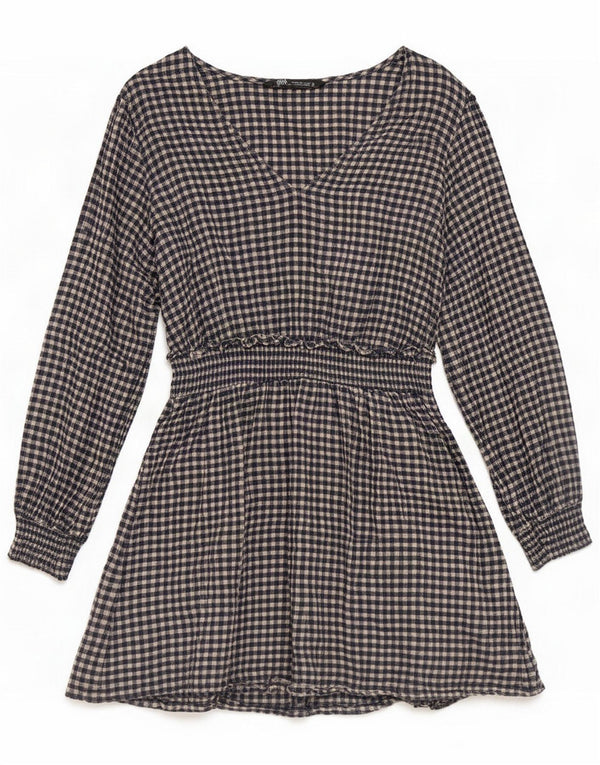 Zara Dame Langærmet Empire Kjole UK 14 Large Navy Blue Gingham Cotton