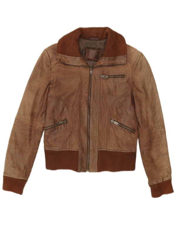 Bershka Womens Læder Bomber Jacket UK 14 Large Brown Læder