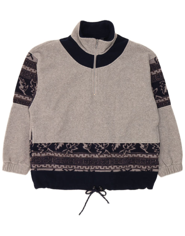 Vintage herre lynlås hals fleece jumper stor grå blomster polyester