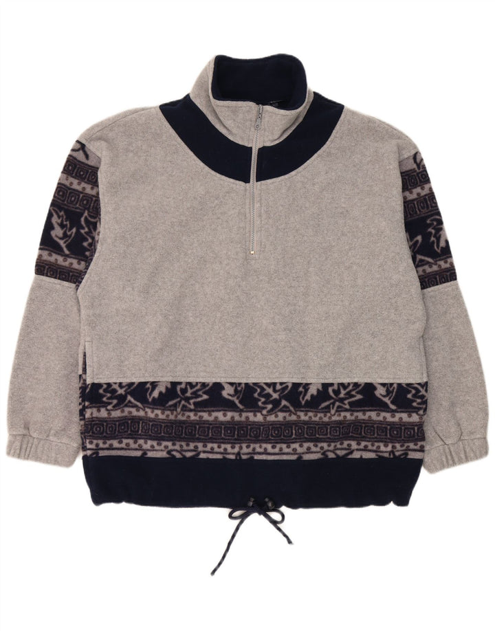 Vintage herre lynlås hals fleece jumper stor grå blomster polyester