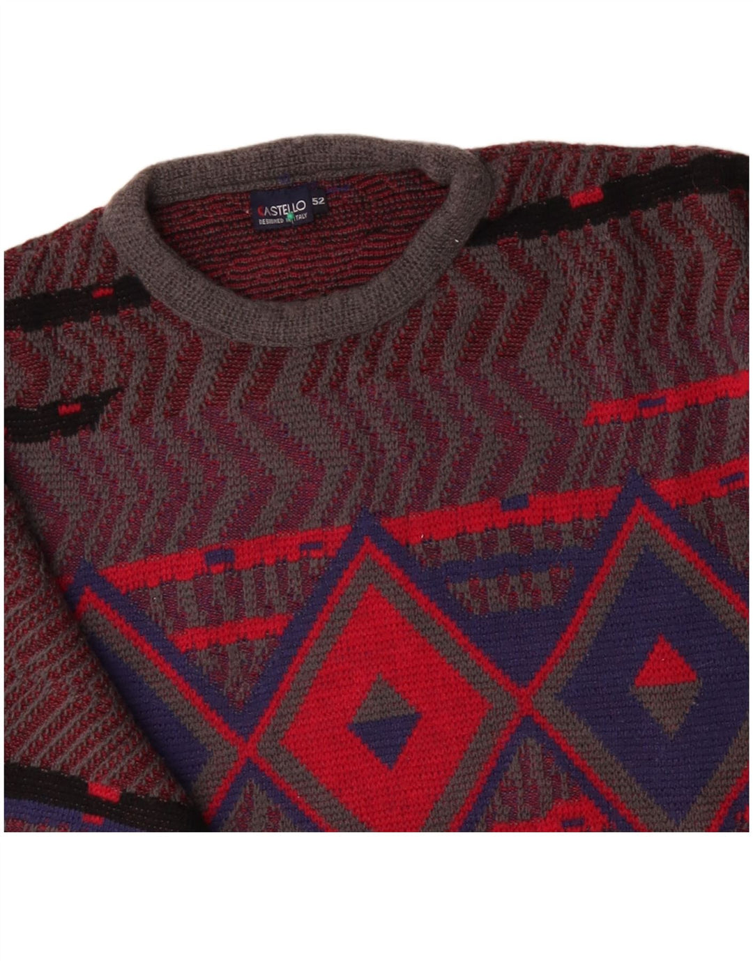 CASTELLO sweater med rund hals til mænd IT 52 Stor rød argyle/diamantuld