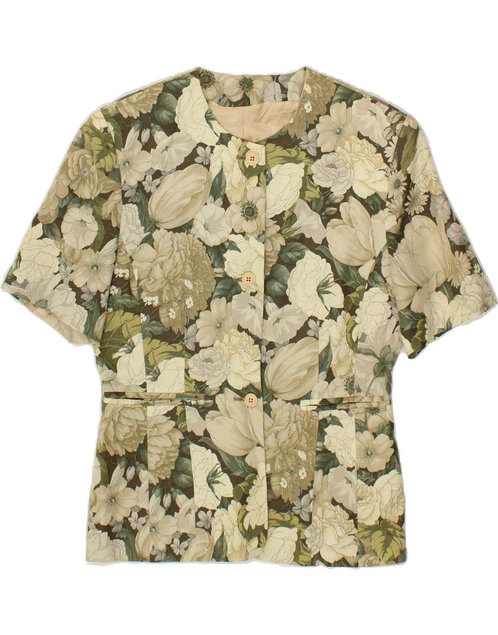 VINTAGE Womens 3 Button Blazer Jacket IT 40 Small Green Floral Linen Vintage Vintage and Second-Hand Vintage from Messina Hembry 