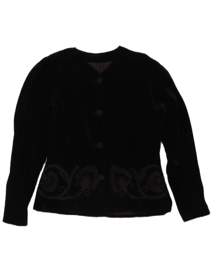 Vintage Dame 4 Button Velvet Blazer Jacket UK 14 Medium Black Floral