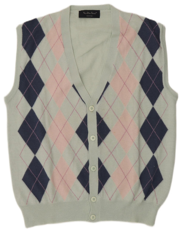 Vintage herre ærmeløs cardigan sweater IT 54 XL Grøn Argyle/Diamond Wool