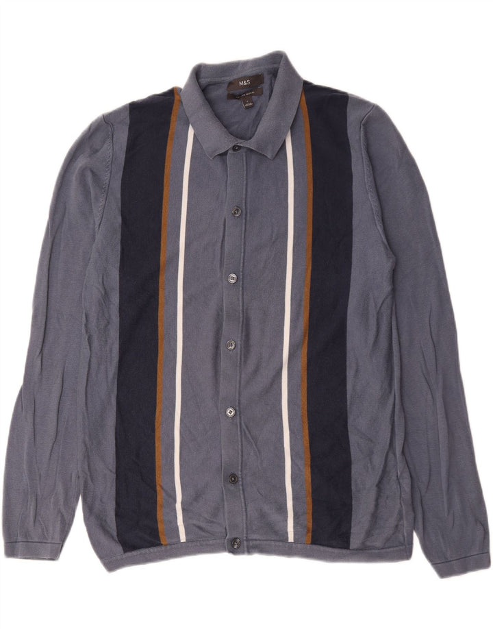 Marks & Spencer Herre cardigan sweater Stor marineblå stribet bomuld