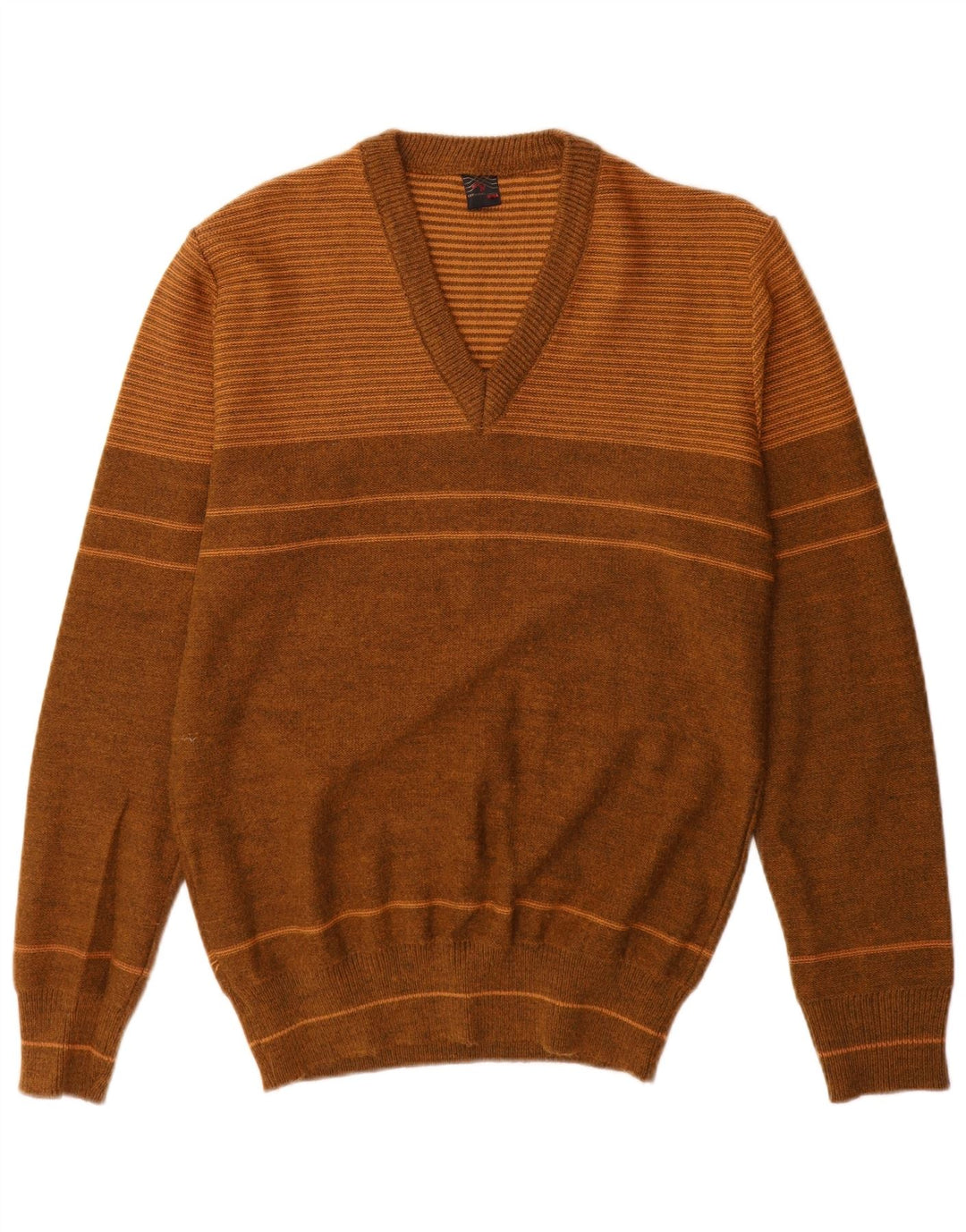 Vintage herre V-hals sweater mellem brun stribet akryl