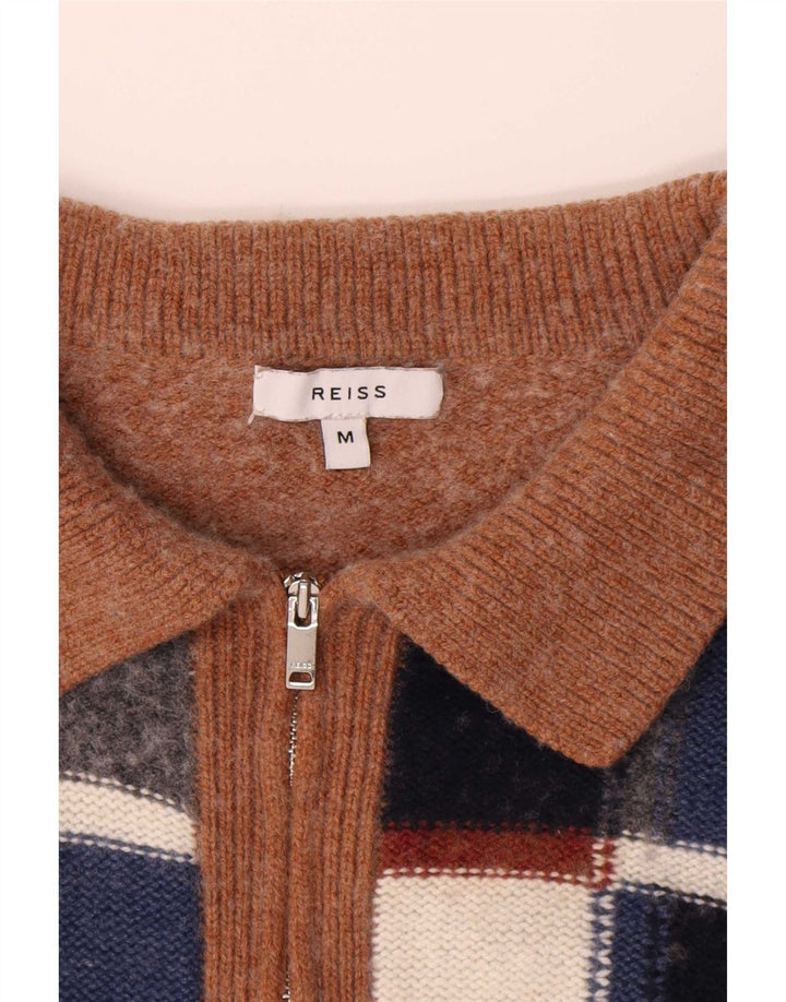 Reiss Dame Zip Neck Jumper Sweater UK 14 Medium Brun Geometrisk