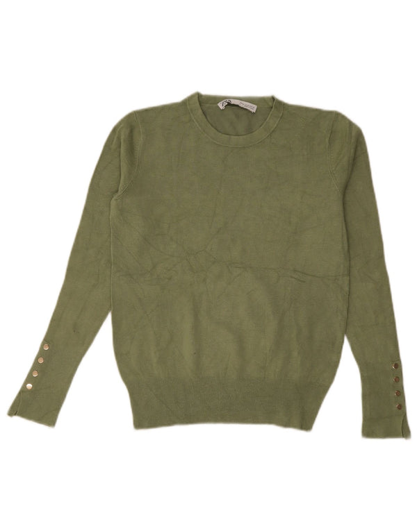 Zara Womens Crop Crew Neck Jumper Sweater UK 12 Medium Green Viscose