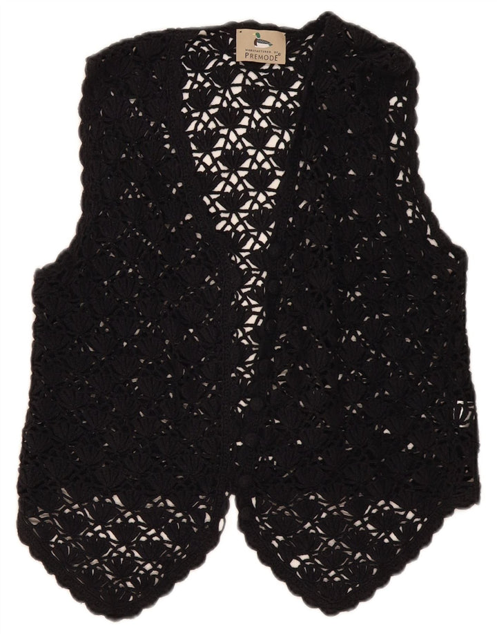 Premode Dame Crop Hæklet Cardigan Top UK 12 Medium Sort Bomuld