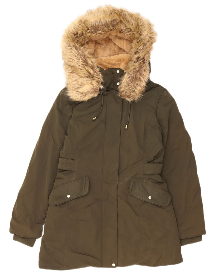 ZARA Sherpa Parkajakke med hætte til kvinder UK 14 Medium Khaki Polyester