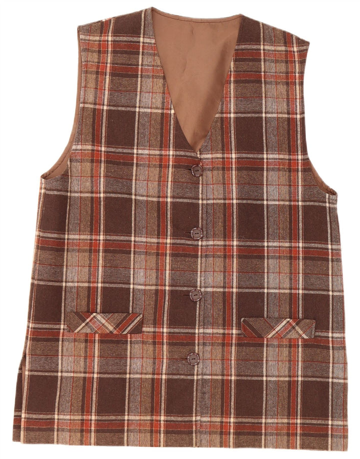 VINTAGE Dame 4-knaps ærmeløs blazerjakke UK 16 Stor brun ternet