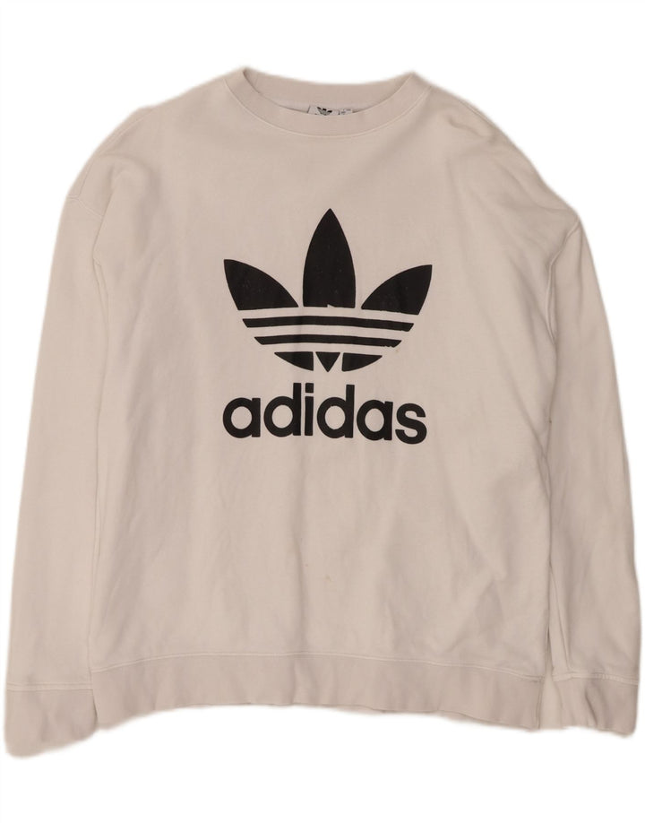 ADIDAS Womens Graphic Sweatshirt Jumper UK 16 Large White Cotton Vintage Adidas and Second-Hand Adidas from Messina Hembry 