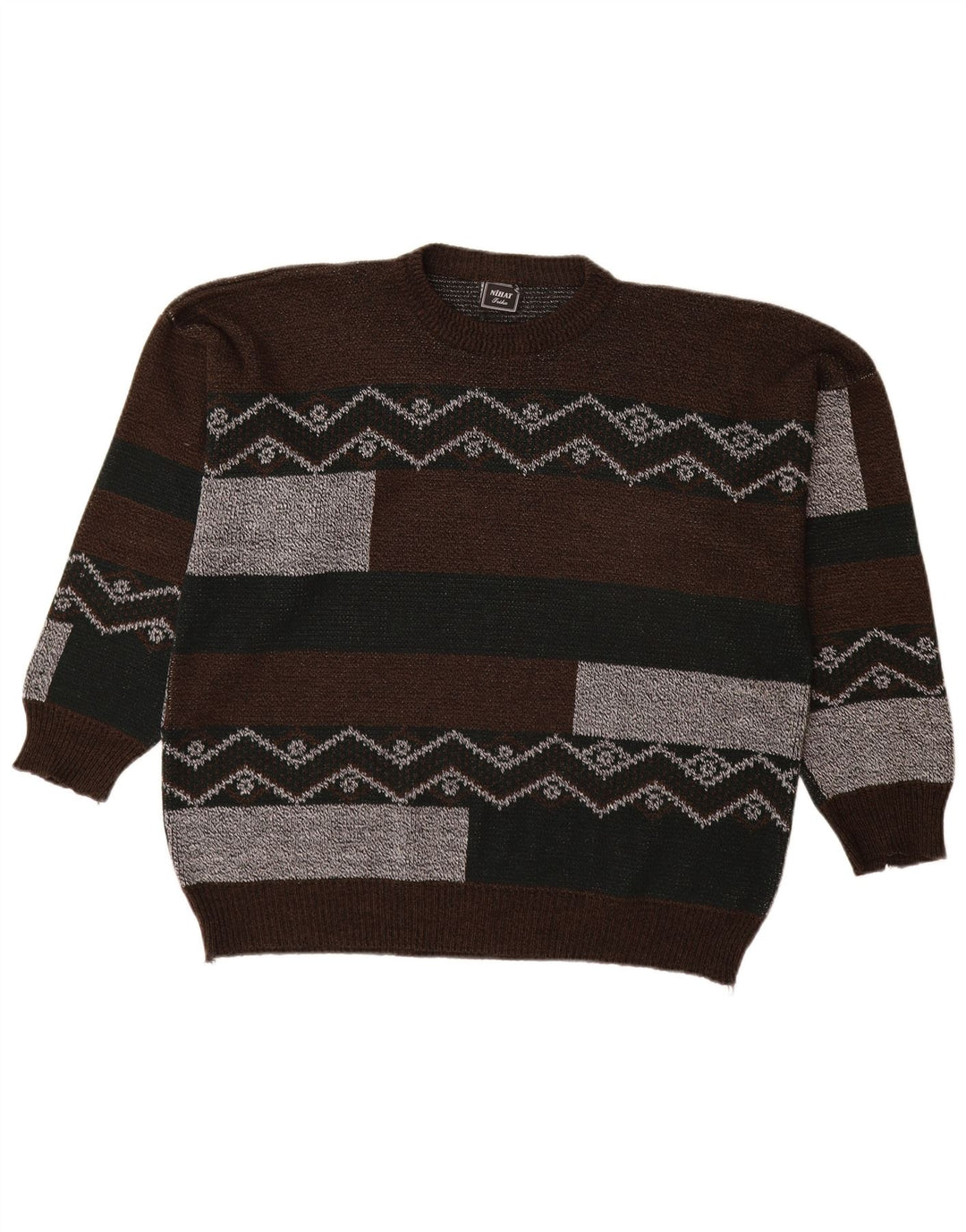 VINTAGE Herre sweater med rund hals XL Brun Colourblock Akryl