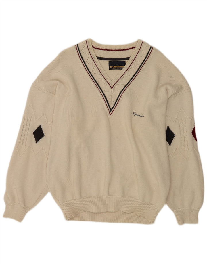 Il Granchio Herre V-hals trøje Sweater Large White Argyle/Diamond