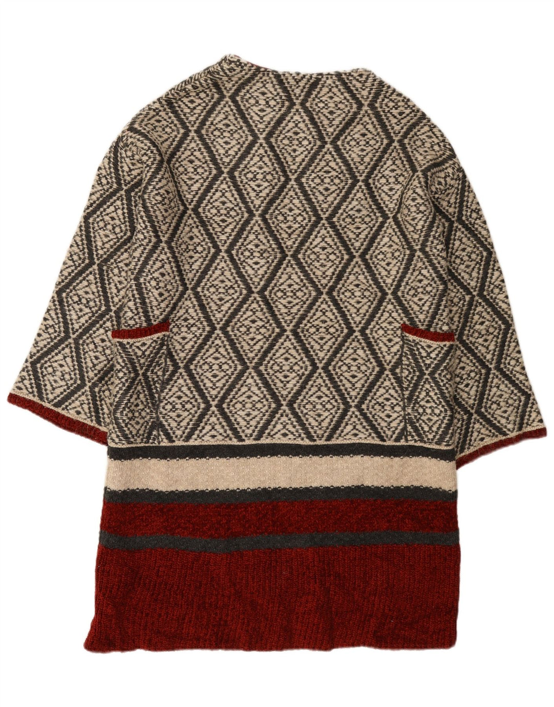 Zara Dame Longline Åben Cardigan Sweater UK 14 Medium Beige Geometrisk
