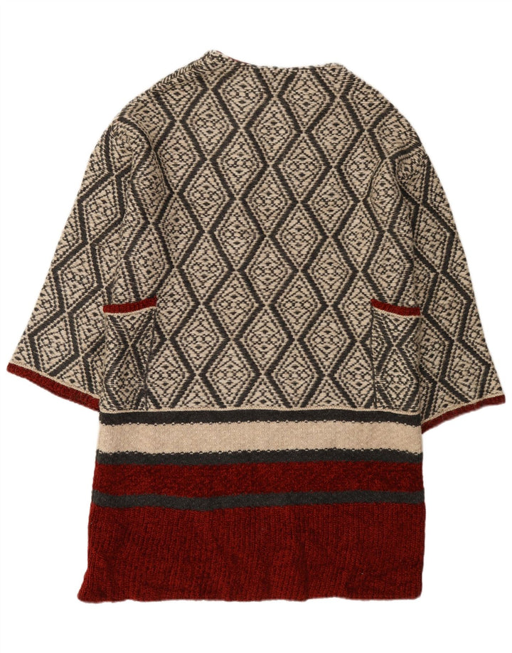 Zara Dame Longline Åben Cardigan Sweater UK 14 Medium Beige Geometrisk