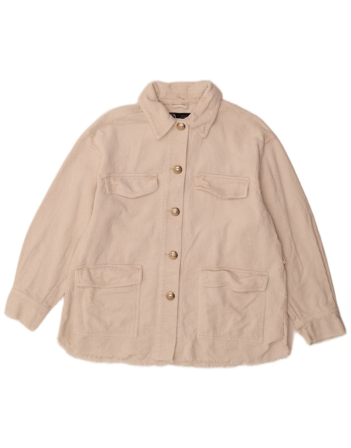 Zara Dame Oversized Corduroy Jacket UK 10 Small Off White Bomuld