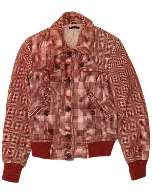 Sisley Womens Bomber Jacket UK 6 XS Burgundy Houndstooth Wool
