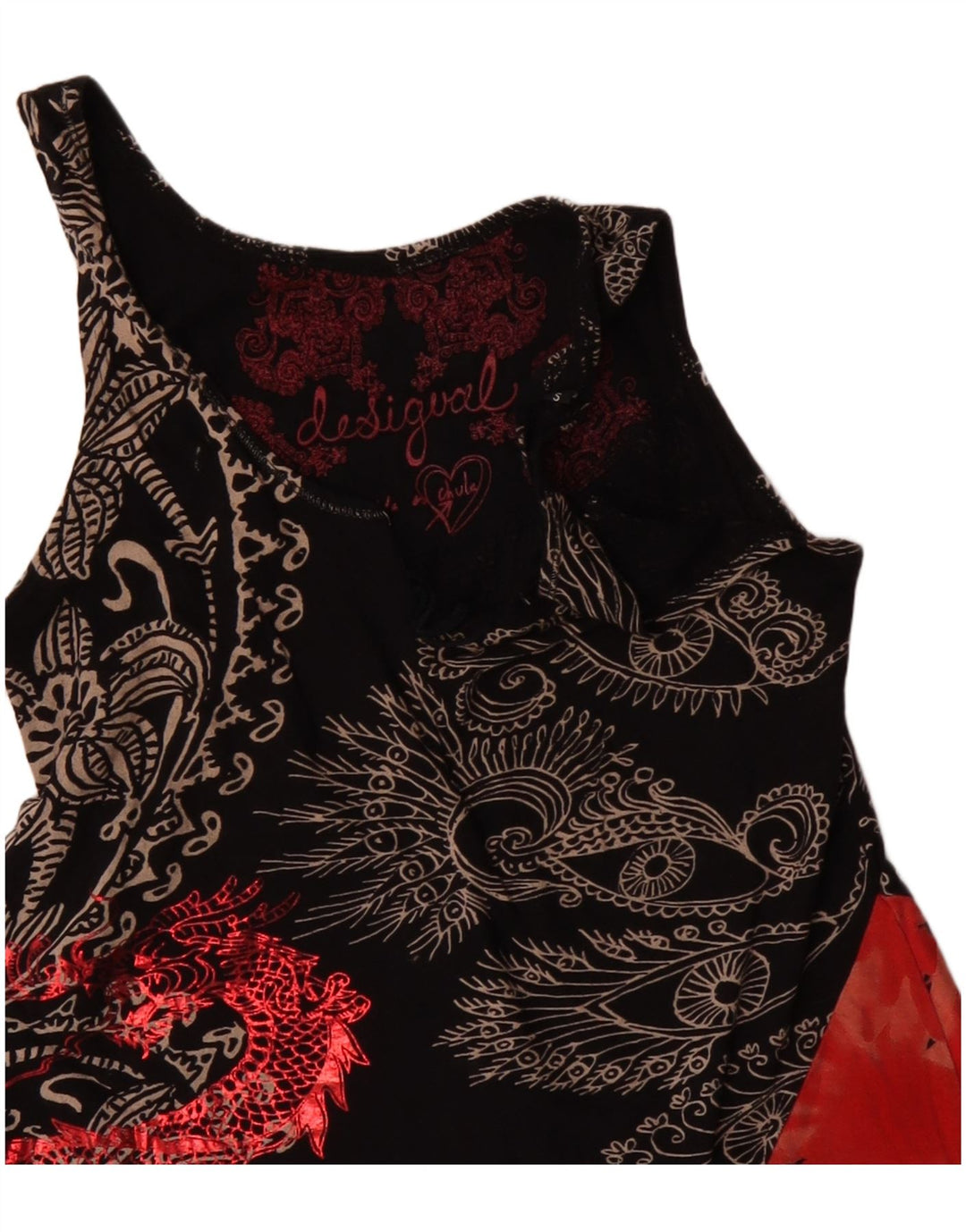 DESIGUAL Dame Ærmeløs Asymmetrisk Tunika Top UK 10 Small Black Floral