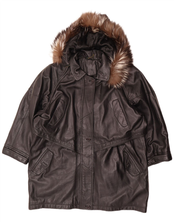 Vintage Dame Hætte Oversized Læderfrakke EU 46 XL Sort Læder