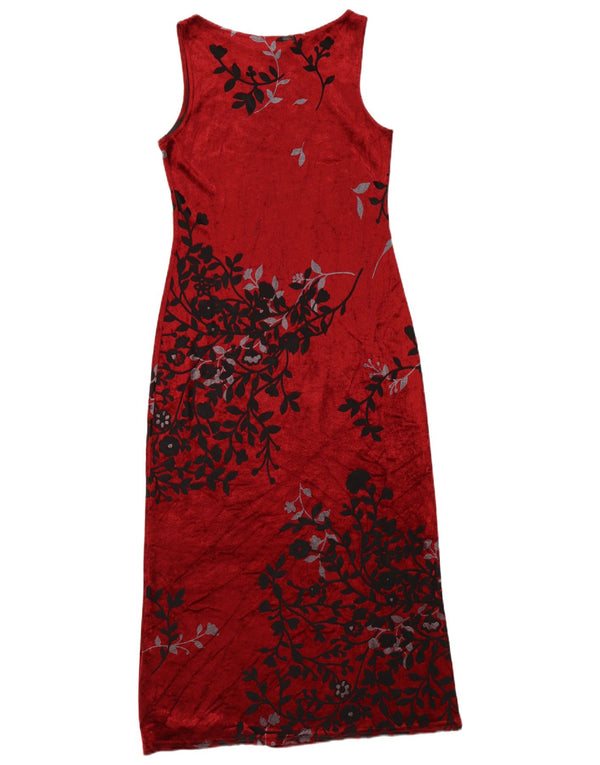 Vintage dame ærmeløs Maxikjole UK 12 Medium Burgundy Floral Viscose