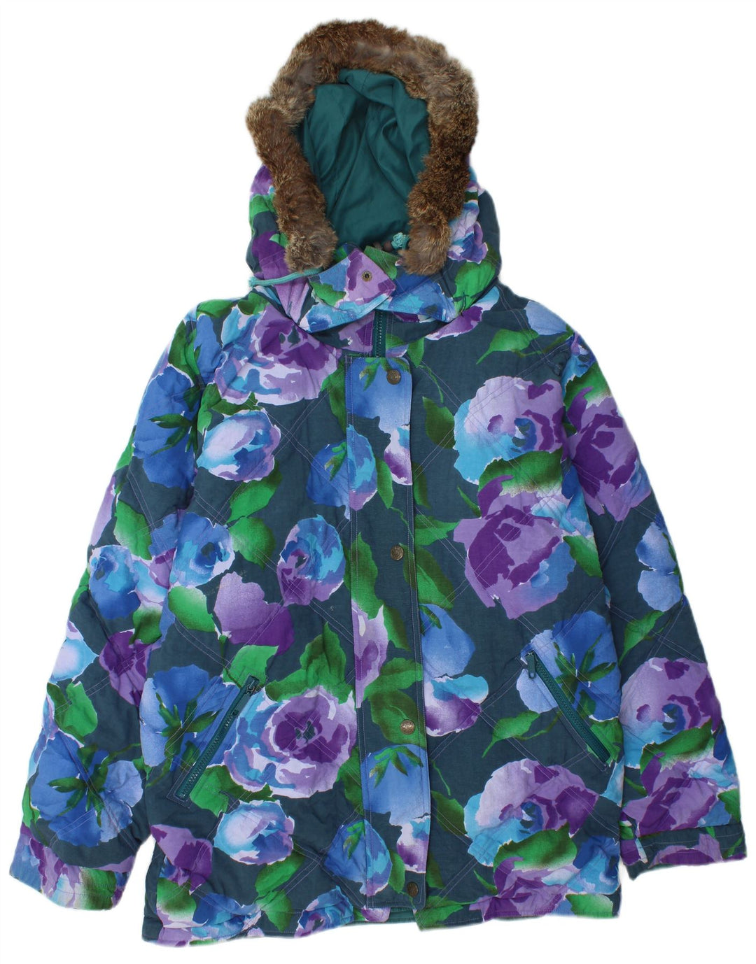 VINTAGE Dame Oversized grafisk vendbar jakke UK 16 Stor turkis