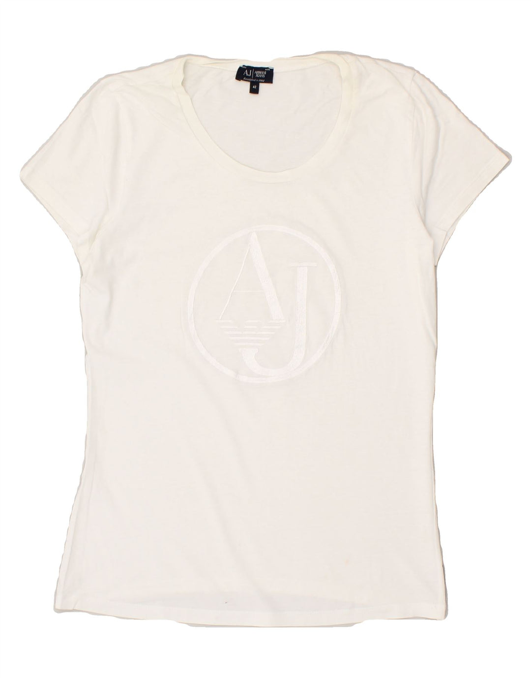 ARMANI JEANS Womens Graphic T-Shirt Top IT 42 Medium White Vintage Armani Jeans and Second-Hand Armani Jeans from Messina Hembry 