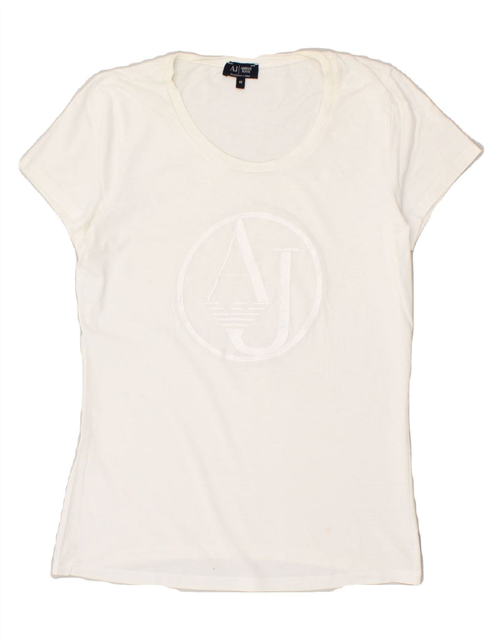ARMANI JEANS Womens Graphic T-Shirt Top IT 42 Medium White Vintage Armani Jeans and Second-Hand Armani Jeans from Messina Hembry 