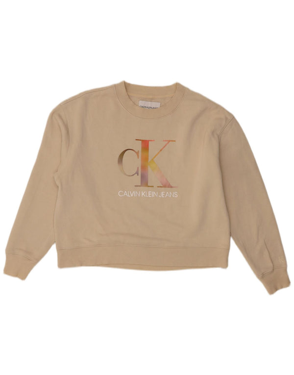 Calvin Klein Jeans Dame Crop Graphic Sweatshirt Jumper UK 14 Medium Beige