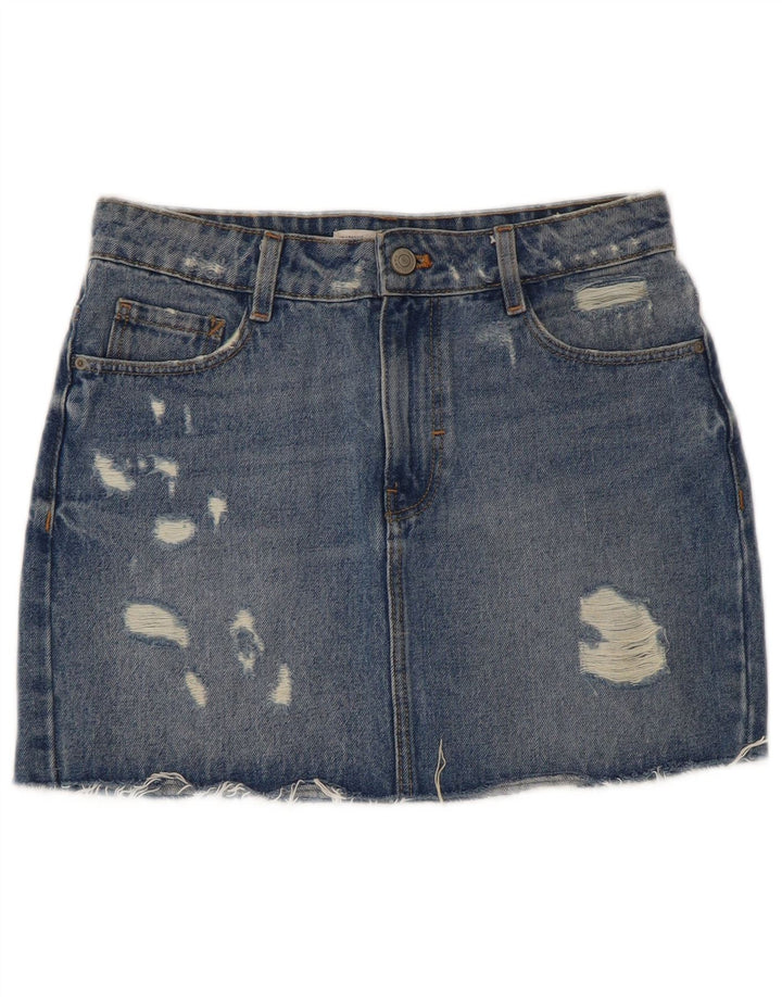 ZARA Dame Trafaluc Distressed Mini Denim Nederdel XS W24 Blå Bomuld
