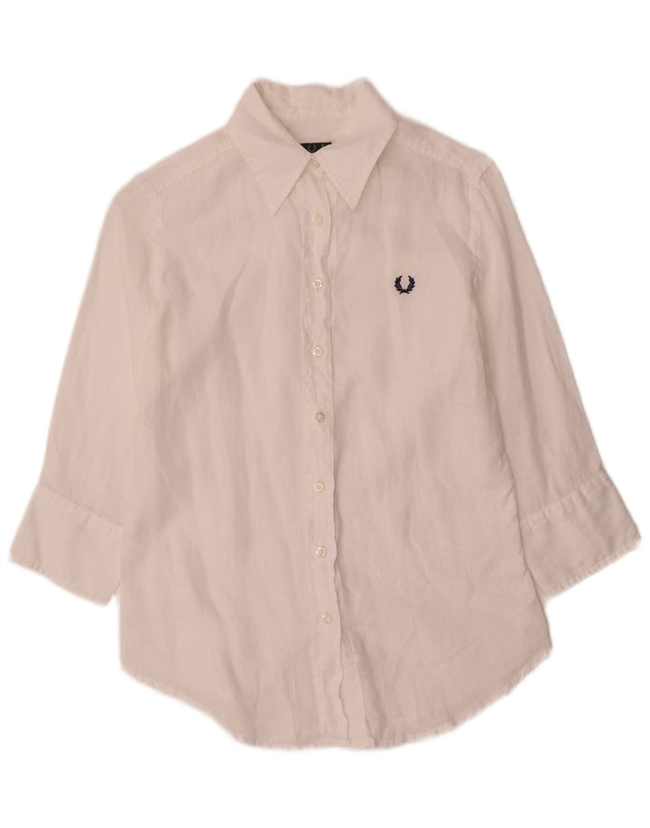 Fred Perry skjorte med 3/4 ærmer til kvinder UK 10 Small White Linen