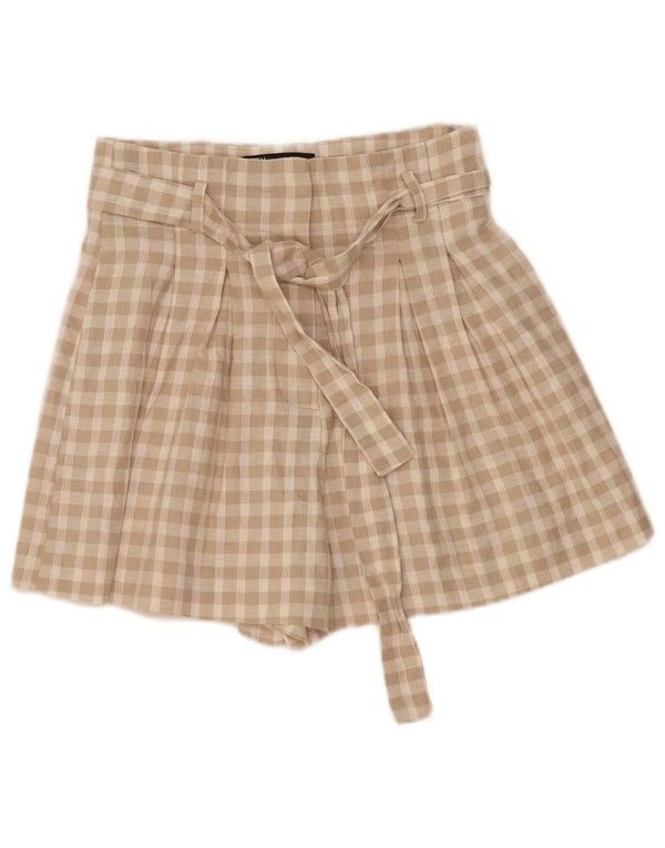 Zara kvinders højtaljede afslappede shorts mellem W28 beige ternet linned