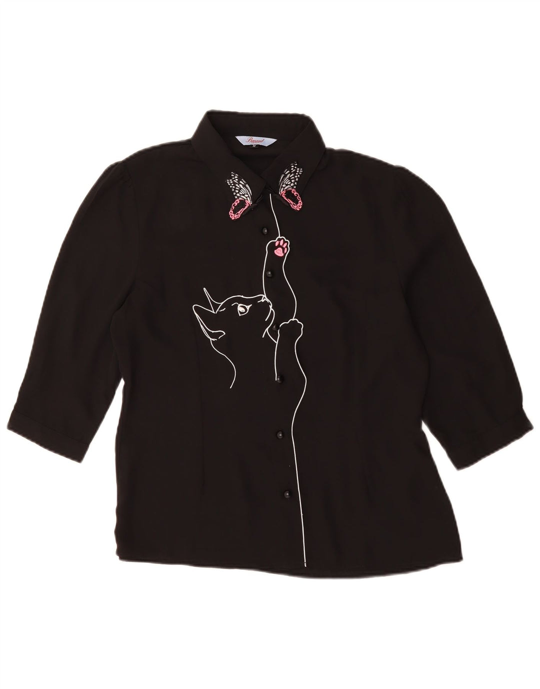 Vintage kvinders grafisk kortærmet skjortebluse UK 14 Medium Black