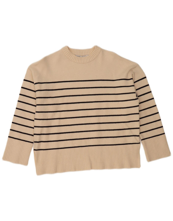 Zara Dame Boat Neck Jumper Sweater UK 14 Medium Beige Stribet Viscose