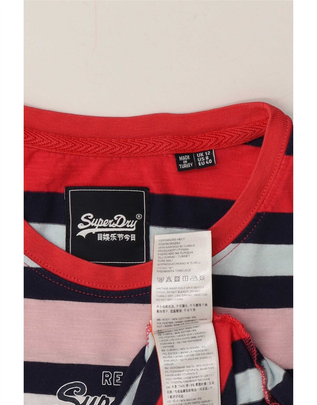 Superdry grafisk T-shirt top til kvinder UK 12 Mellem, flerfarvet stribet