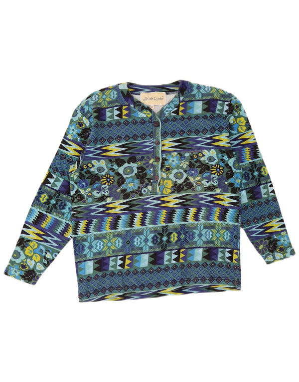 Vintage Dame Top Langærmet UK 14 Medium Blue Geometrisk Bomuld