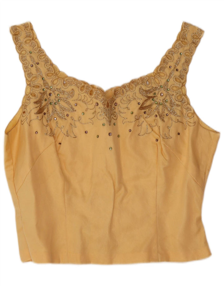 Vintage Womens Crop Ærmeløs bluse Top UK 12 Medium Yellow
