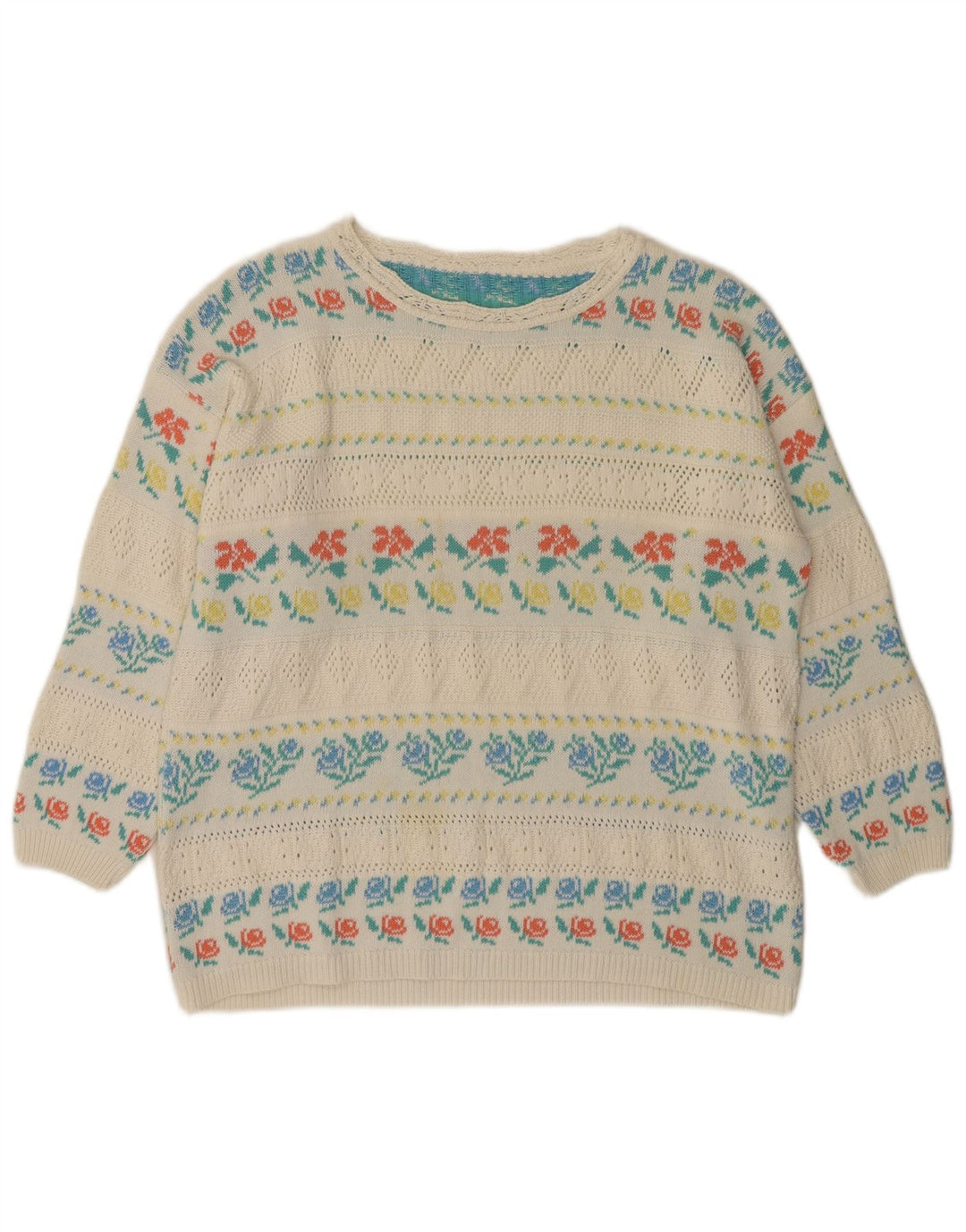 VINTAGE Dame Boat Neck Jumper Sweater IT 46 Large White Floral Acryl