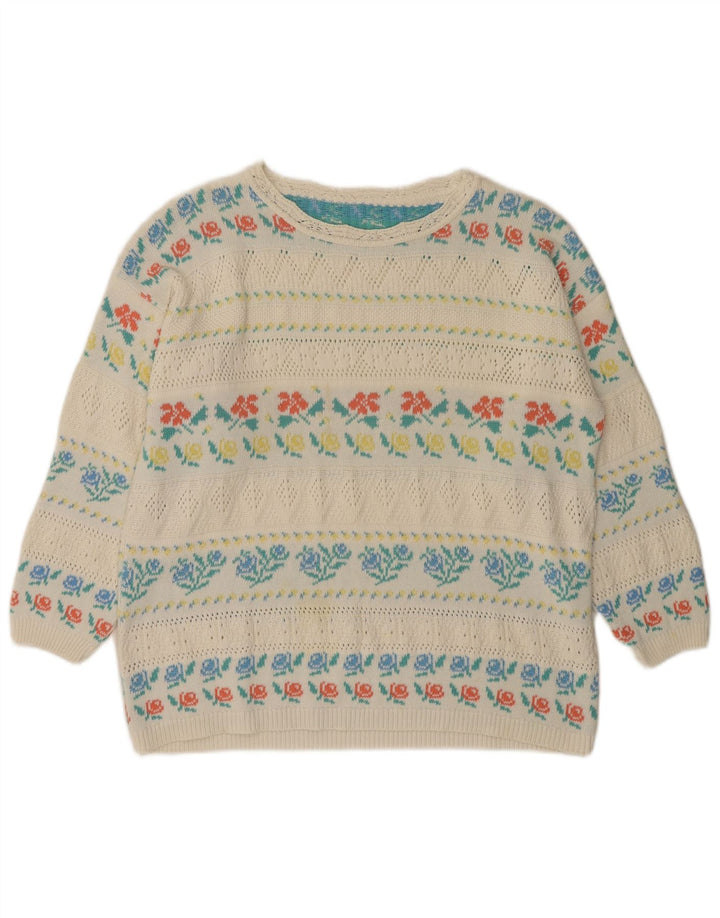 VINTAGE Dame Boat Neck Jumper Sweater IT 46 Large White Floral Acryl