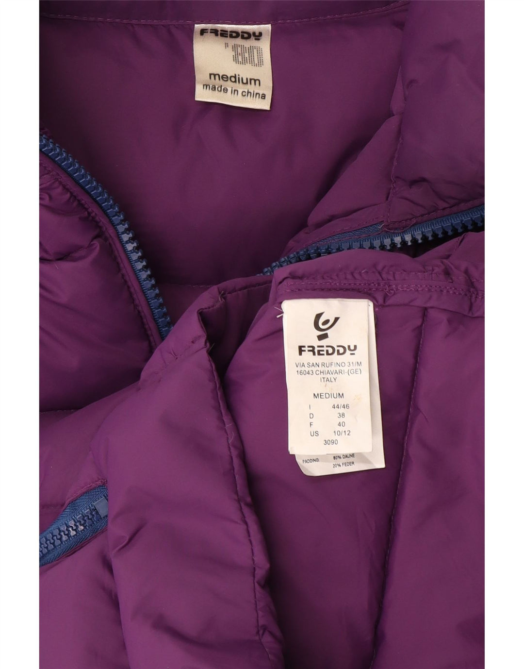 Freddy Dame grafisk polstret jakke UK 12 Medium Lilla Nylon