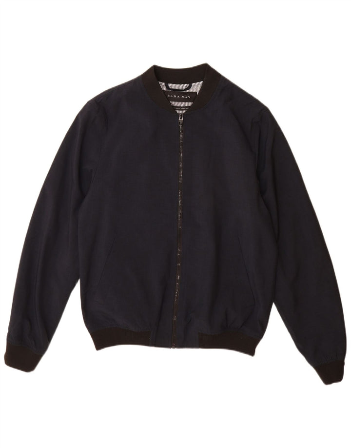 Zara Herre Bomber Jacket UK 40 Large Navy Blue Polyester