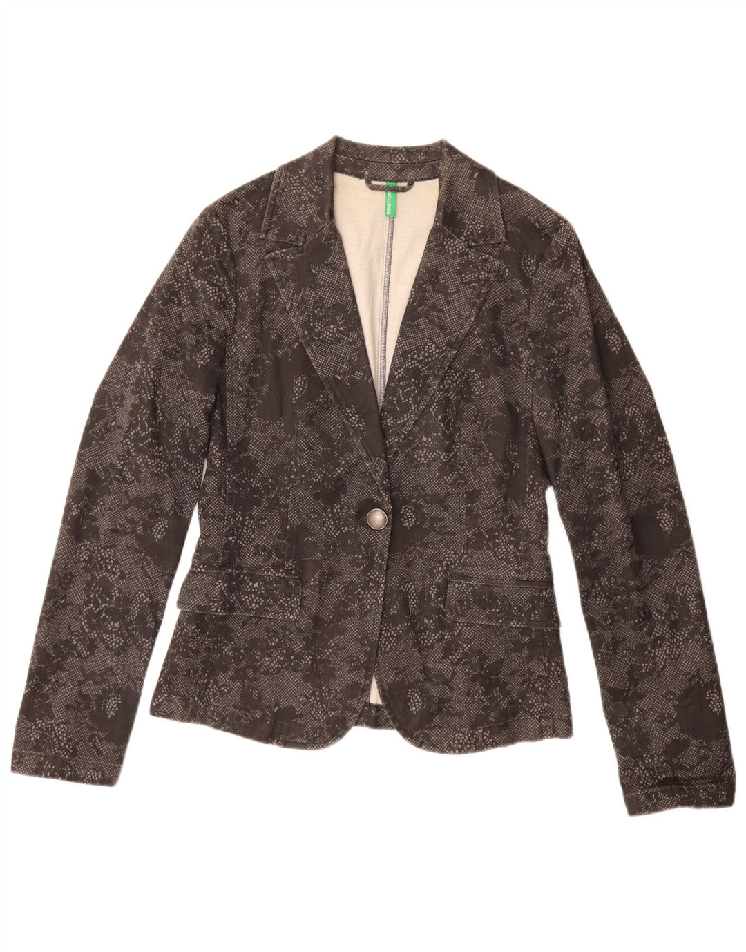 Benetton Dame 1 Knap Blazer Jacket UK 10 Small Black Floral Bomuld