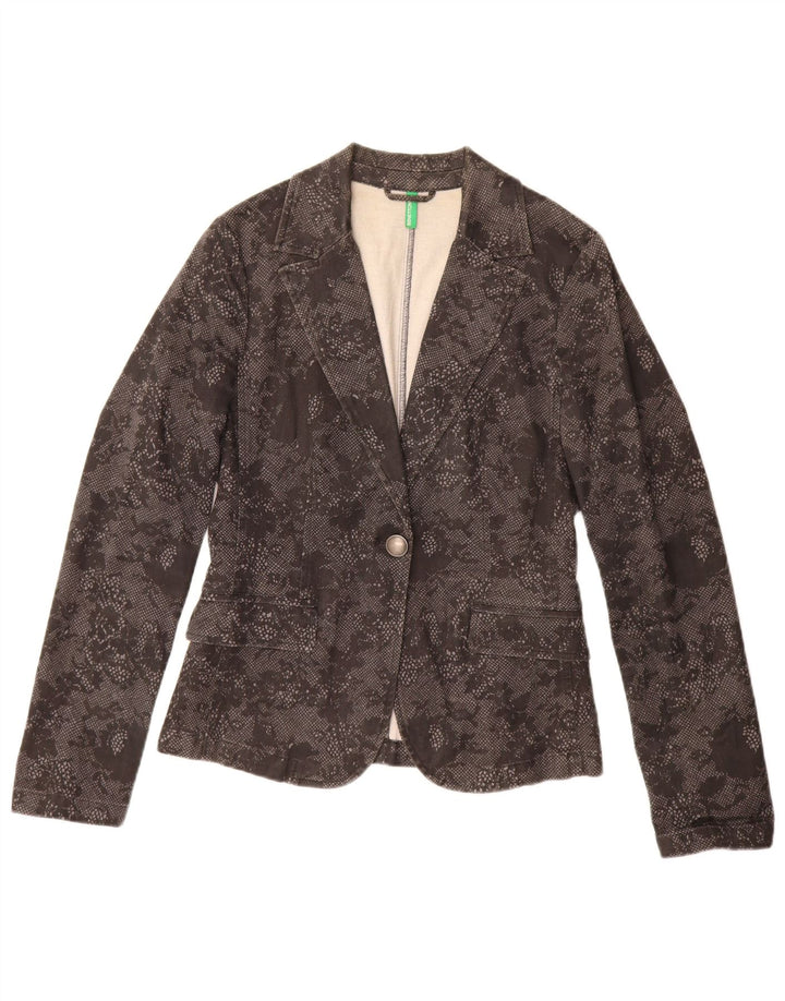 Benetton Dame 1 Knap Blazer Jacket UK 10 Small Black Floral Bomuld
