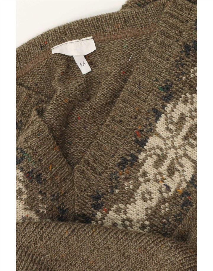 Vintage Herre V-hals sweater Medium Khaki Fair Isle