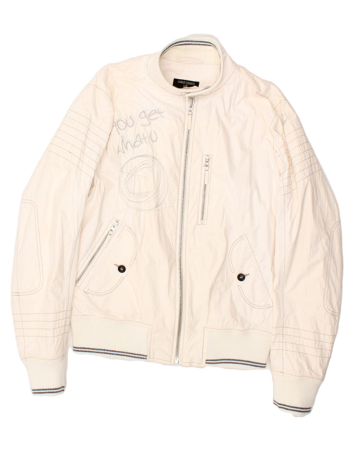 CARLO COLUCCI Mens Graphic Bomber Jacket IT 50 Large White Polyurethane Vintage Carlo Colucci and Second-Hand Carlo Colucci from Messina Hembry 