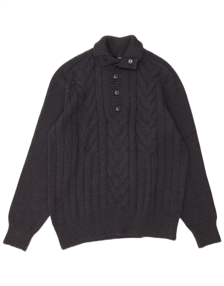 Hugo Boss Herre Slim Fit Button Neck Jumper Sweater XL Grå