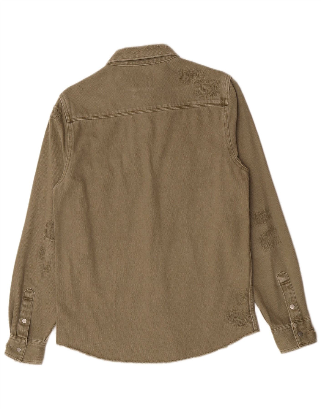 Zara Herre Distressed Relaxed Fit Denim Shirt Small Khaki Cotton