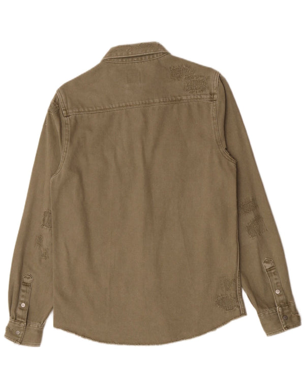Zara Herre Distressed Relaxed Fit Denim Shirt Small Khaki Cotton